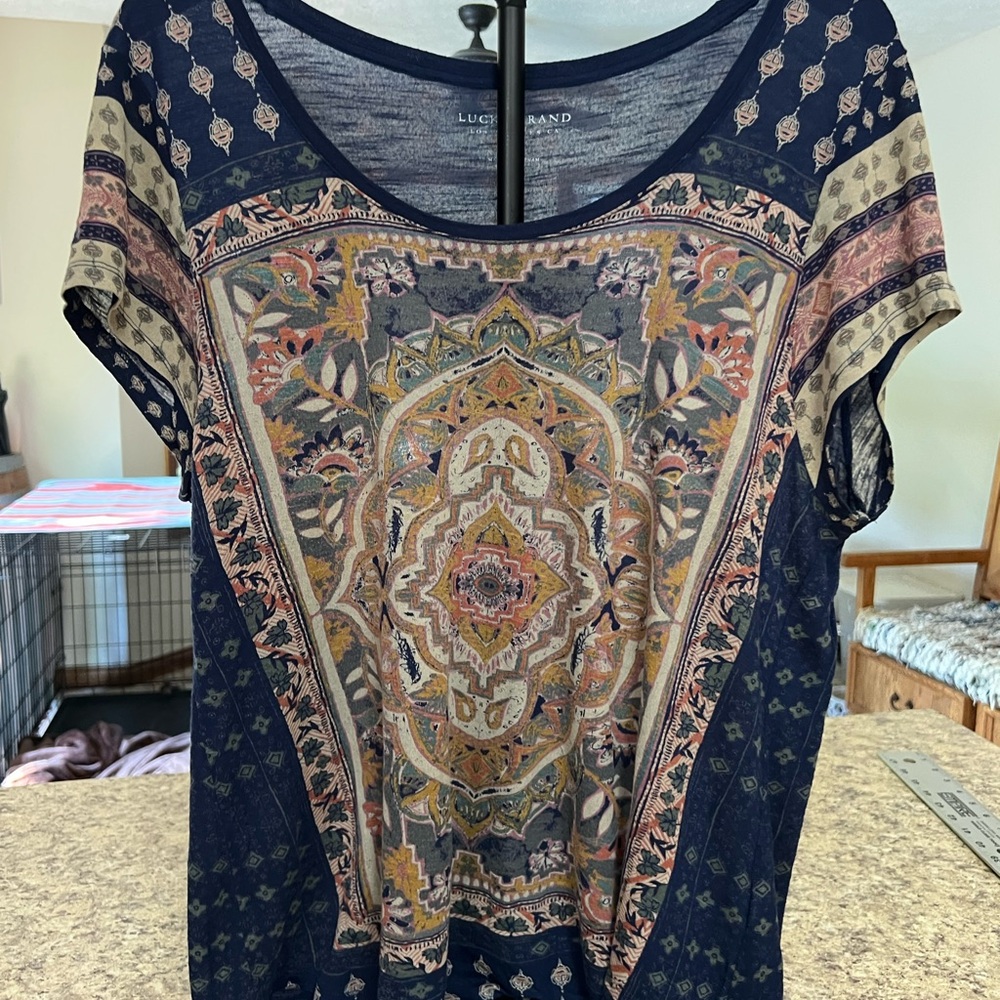 Lucky Brand Navy Multicolor Boho Medallion Short Sleeve Tee shirt top